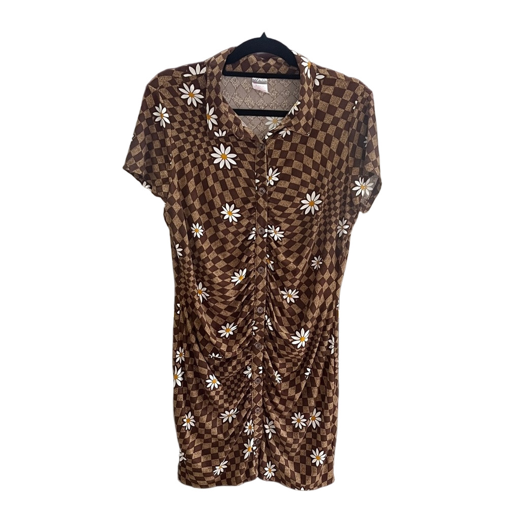 🇺🇸NOBO Brown Checkered Daisy Ruched Shirt Dress